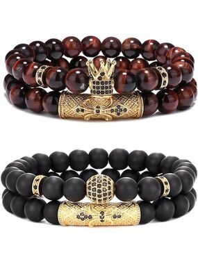 Mens Womens Crown King Bracelet Set Natural Tiger Eye Black Onyx Stone Beads